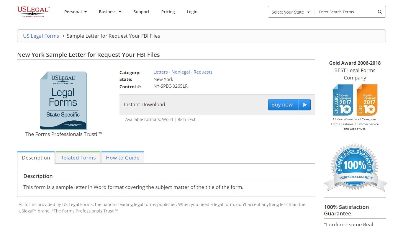New York Sample Letter for Request Your FBI Files - US Legal Forms
